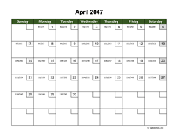 April 2047 Calendar with Day Numbers