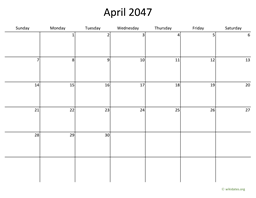 April 2047 Calendar with Bigger boxes