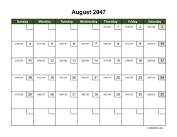 August 2047 Calendar with Day Numbers