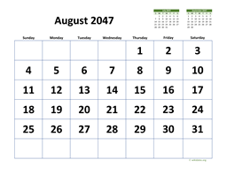August 2047 Calendar with Extra-large Dates