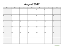 August 2047 Calendar with Weekend Shaded