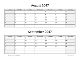 August and September 2047 Calendar