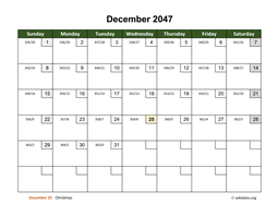 December 2047 Calendar with Day Numbers