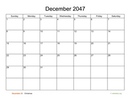 Basic Calendar for December 2047