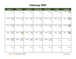 February 2047 Calendar with Day Numbers