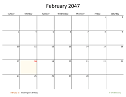 February 2047 Calendar with Bigger boxes