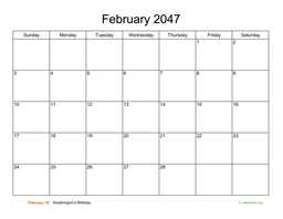 Basic Calendar for February 2047