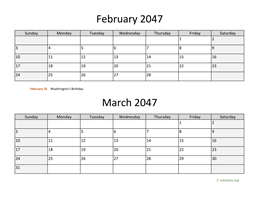 february and march 2047 calendar