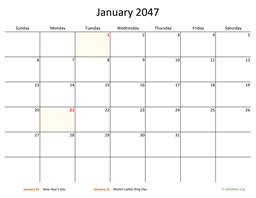 January 2047 Calendar with Bigger boxes