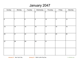 Basic Calendar for January 2047