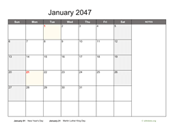 January 2047 Calendar with Notes