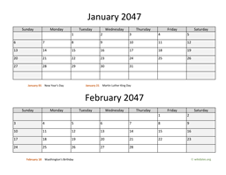 january and february 2047 calendar