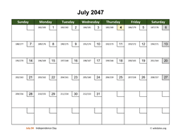 July 2047 Calendar with Day Numbers