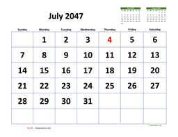 July 2047 Calendar with Extra-large Dates