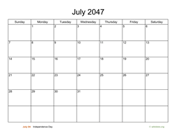 Basic Calendar for July 2047