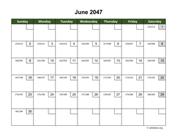June 2047 Calendar with Day Numbers
