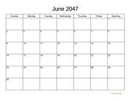 Basic Calendar for June 2047
