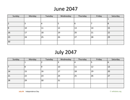 June and July 2047 Calendar