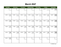 March 2047 Calendar with Day Numbers