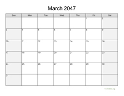 March 2047 Calendar with Weekend Shaded