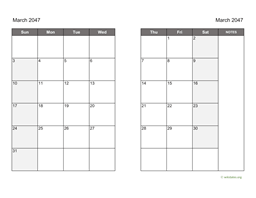 March 2047 Calendar on two pages