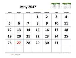 May 2047 Calendar with Extra-large Dates