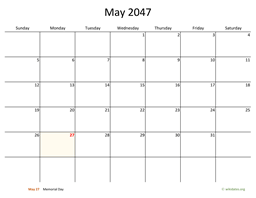 May 2047 Calendar with Bigger boxes
