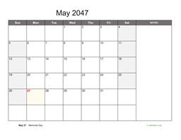 May 2047 Calendar with Notes