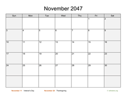 November 2047 Calendar with Weekend Shaded