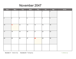 November 2047 Calendar with Notes