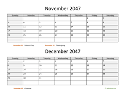 november and december 2047 calendar