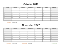 october and november 2047 calendar