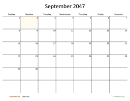 September 2047 Calendar with Bigger boxes