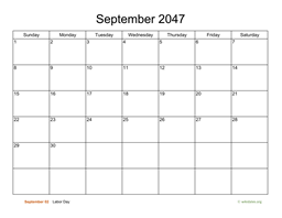 Basic Calendar for September 2047