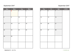 September 2047 Calendar on two pages