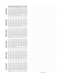 six months 2047 calendar vertical with notes