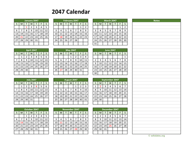 Yearly Printable 2047 Calendar with Notes