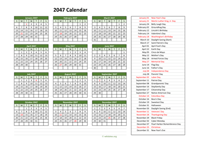 2047 Calendar with US Holidays