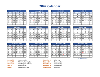 PDF Calendar 2047 with Federal Holidays