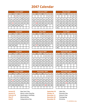 Calendar 2047 Vertical