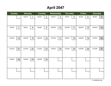 April 2047 Calendar with Day Numbers