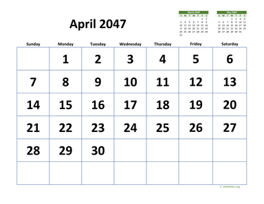 April 2047 Calendar with Extra-large Dates