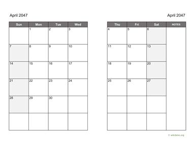 April 2047 Calendar on two pages