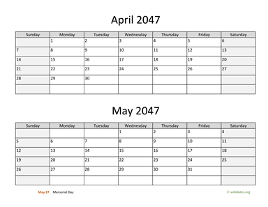 April and May 2047 Calendar Horizontal