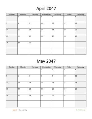 April and May 2047 Calendar Vertical