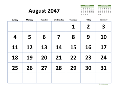 August 2047 Calendar with Extra-large Dates | WikiDates.org