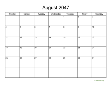 Basic Calendar for August 2047