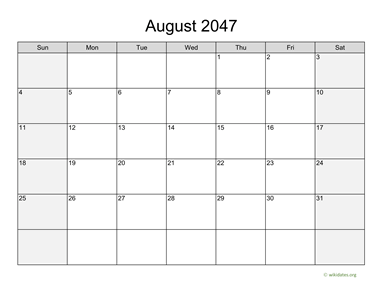 August 2047 Calendar with Weekend Shaded