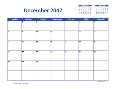 December 2047 Calendar Classic
