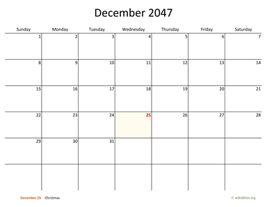 December 2047 Calendar with Bigger boxes